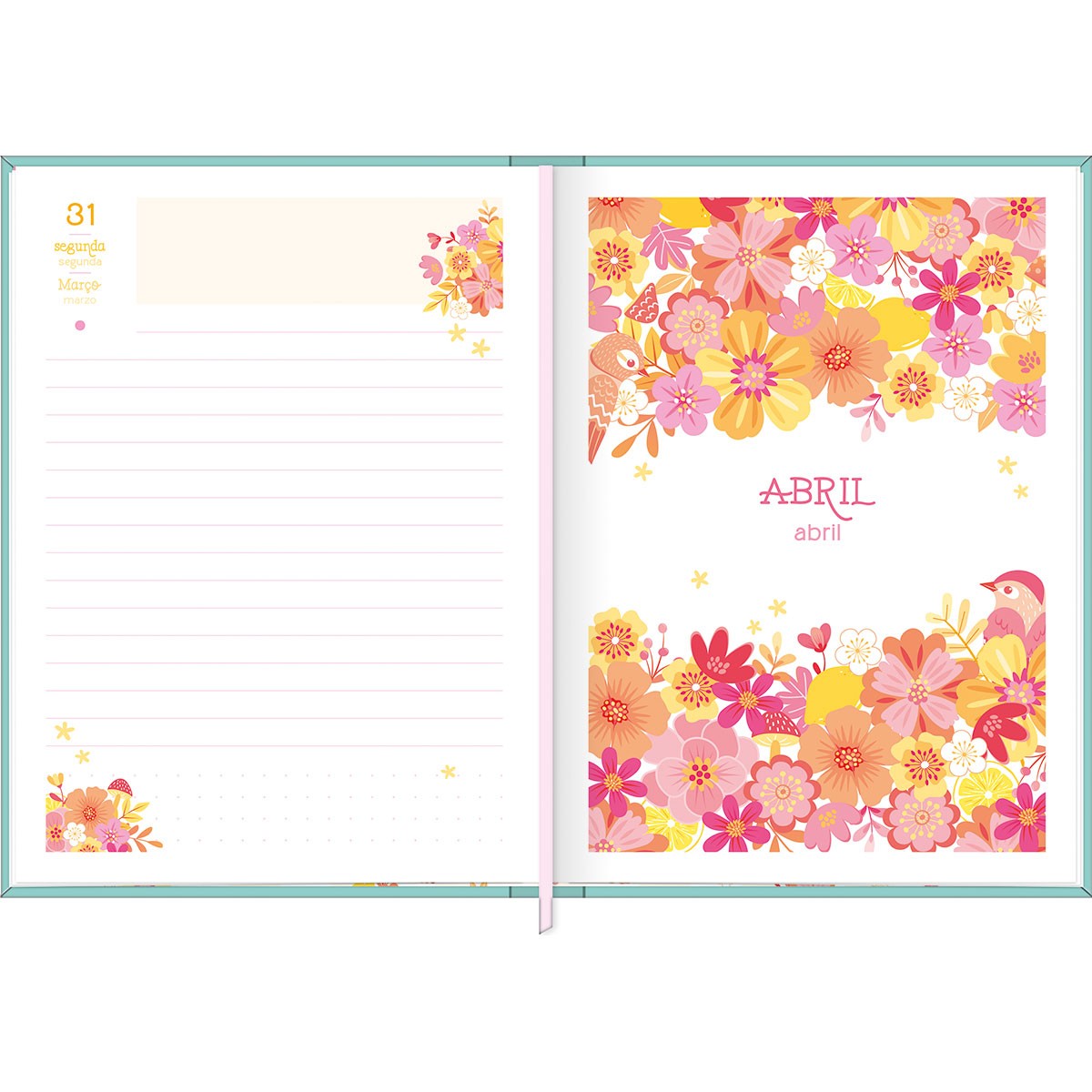 Agenda Costurada Diária 12,3 x 16,6 cm Charme 2025 - Fundo Azul Escuro - Flores - Sortido