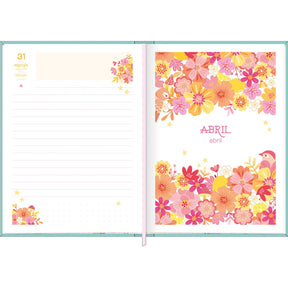 Agenda Costurada Diária 12,3 x 16,6 cm Charme 2025 - Fundo Azul Escuro - Flores - Sortido