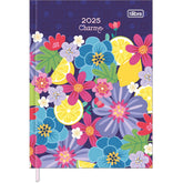 Agenda Costurada Diária 12,3 x 16,6 cm Charme 2025 - Fundo Azul Escuro - Flores - Sortido