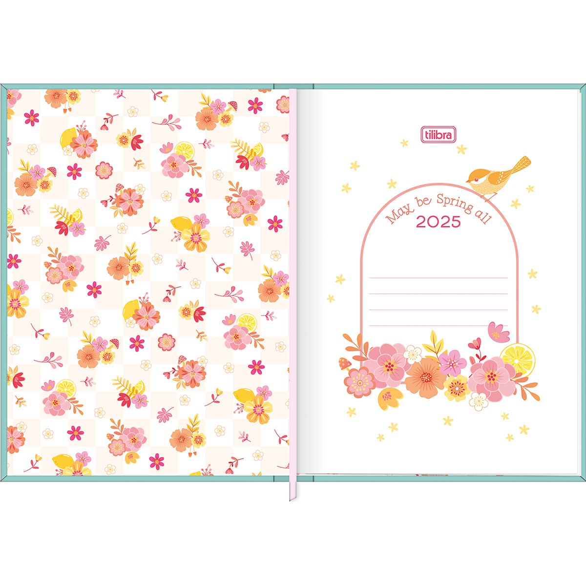 Agenda Costurada Diária 12,3 x 16,6 cm Charme 2025 - Fundo Rosa Flores Com Escritos - Sortido