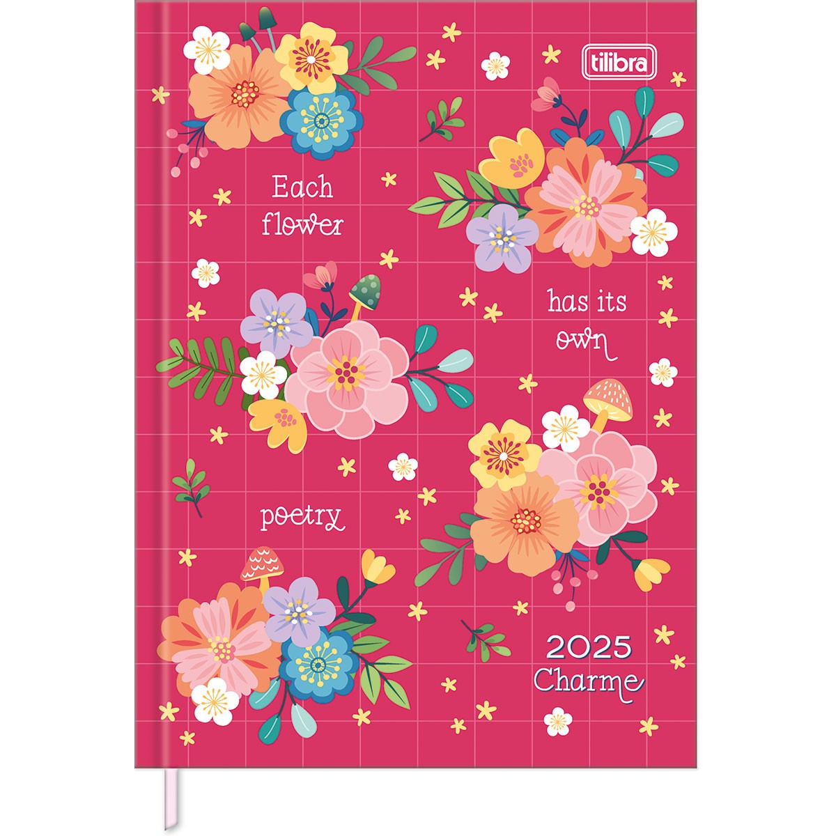 Agenda Costurada Diária 12,3 x 16,6 cm Charme 2025 - Fundo Rosa Flores Com Escritos - Sortido