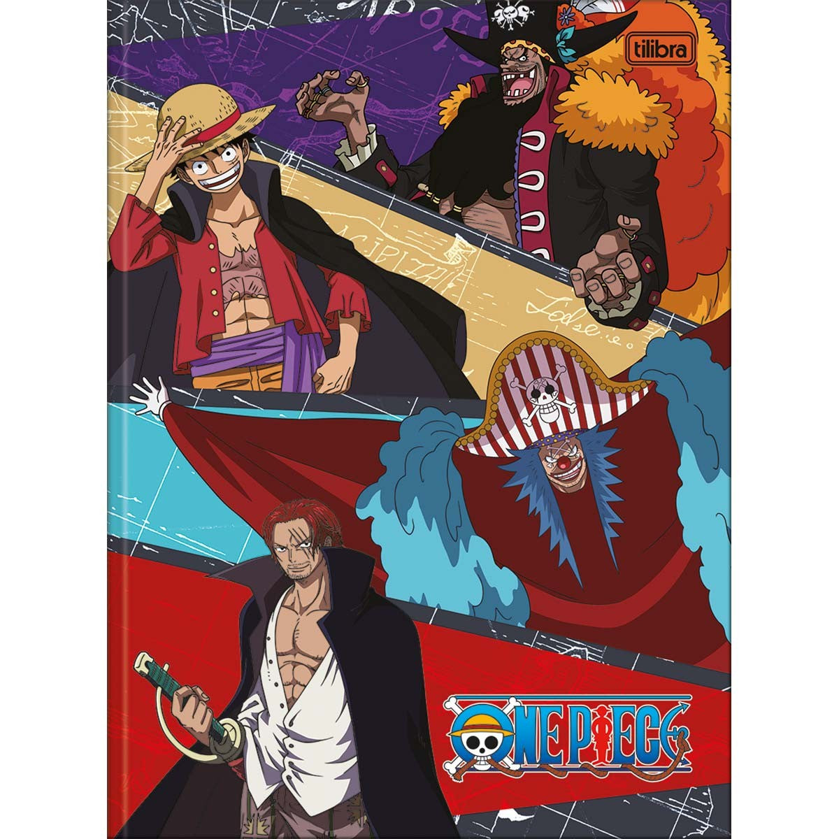 Caderno Brochura Capa Dura Universitário One Piece 80 Folhas - Fundo Colorido 4 Personagens