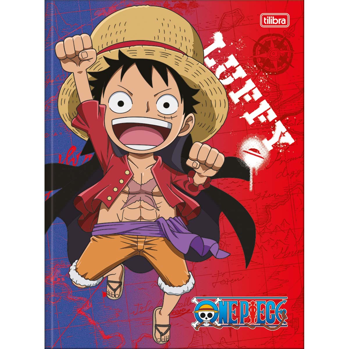 Caderno Brochura Capa Dura Universitário One Piece 80 Folhas - Fundo Vermelho e Azul - Luffy