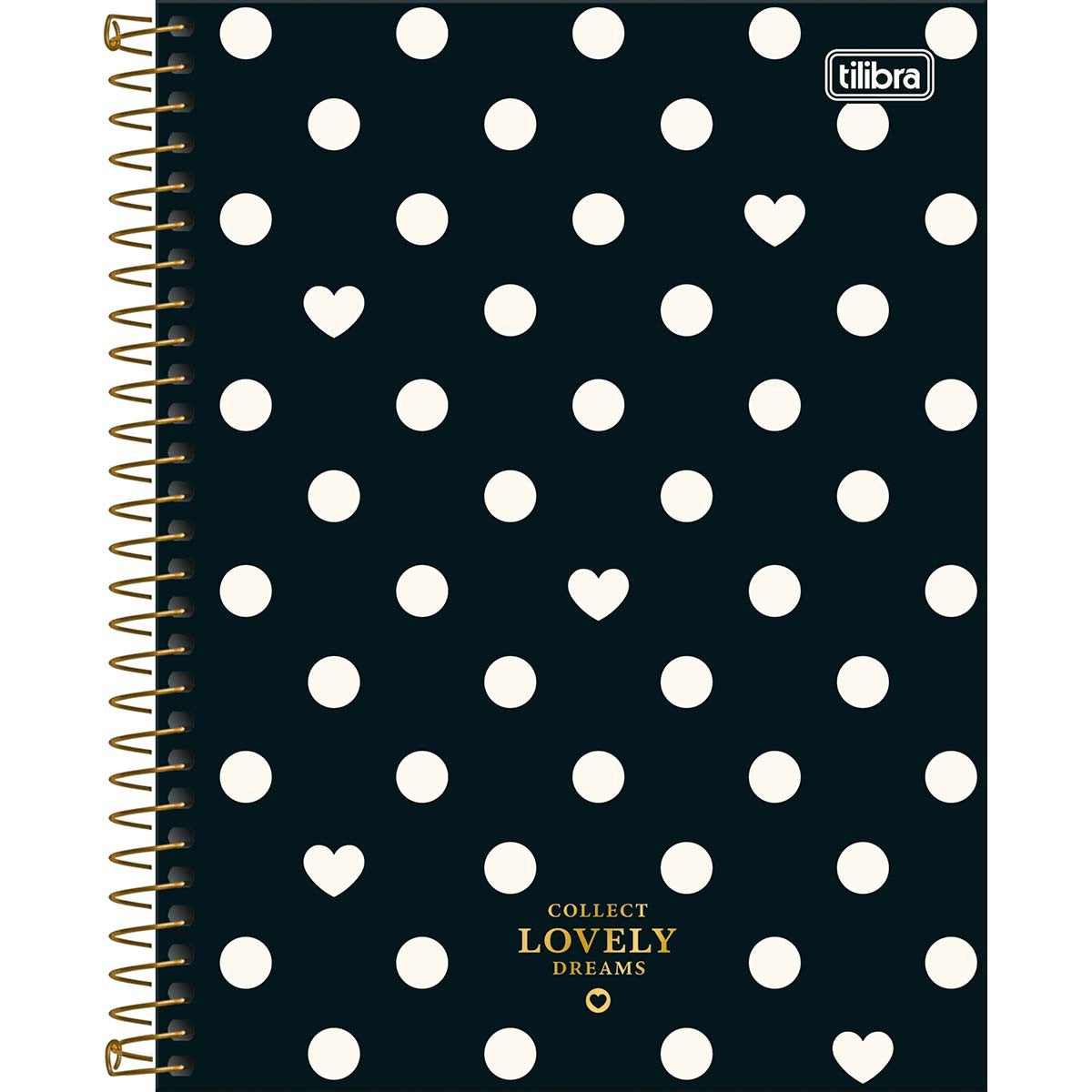 Caderno Espiral Capa Dura Colegial 10 Matérias West Village 160 Folhas - Fundo Preto Corações e Bolas