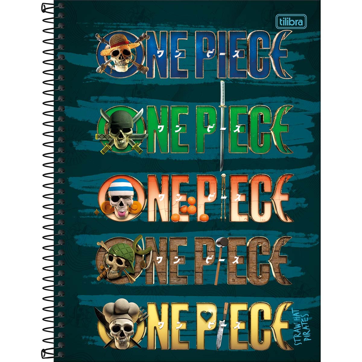 Caderno Espiral Capa Dura Universitário 1 Matéria One Piece Netflix 80 Folhas - Fundo Verde/Azul - 5 Logos