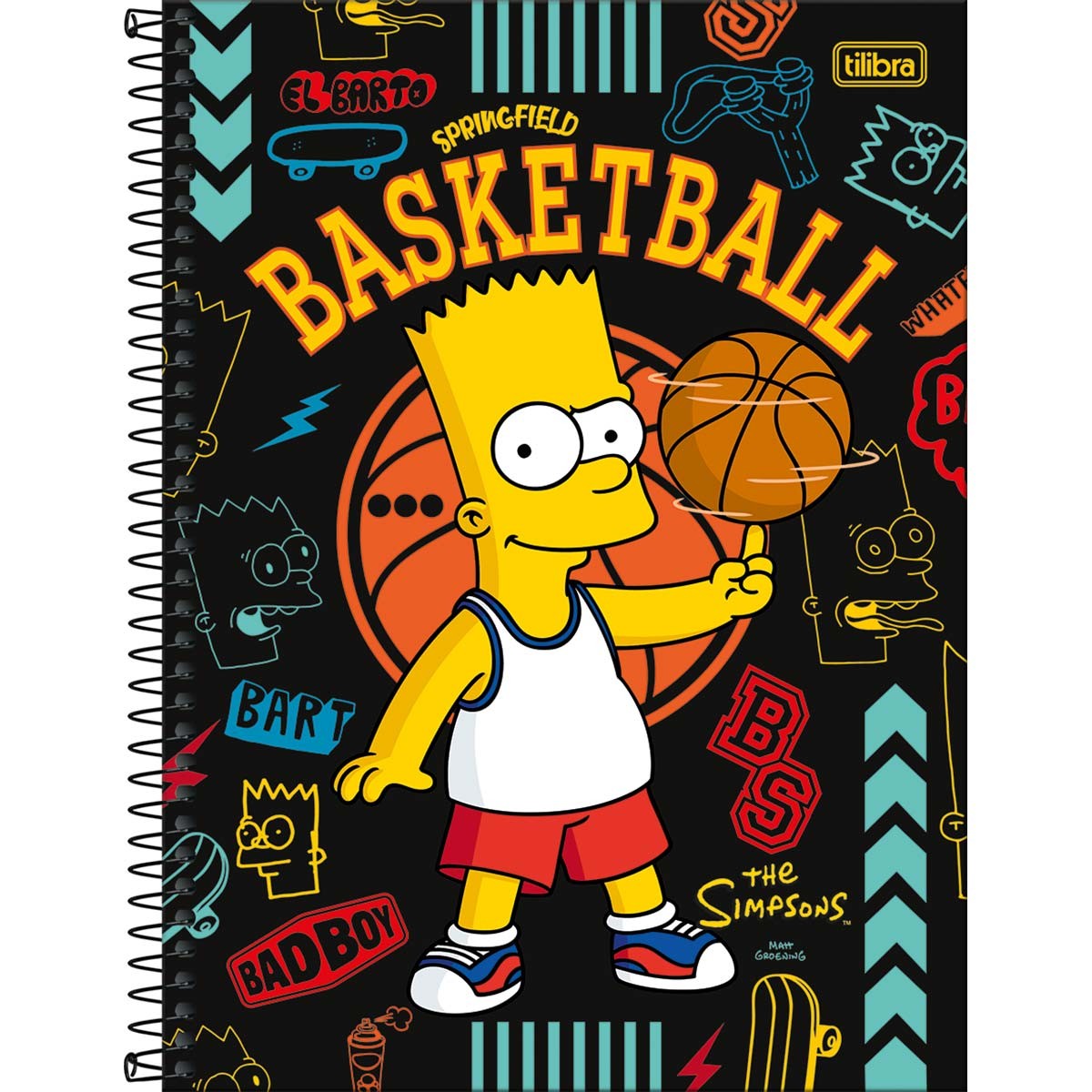 Caderno Espiral Capa Dura Universitário 10 Matérias Simpsons 160 Folhas - Fundo Preto - Basquete - Sortido